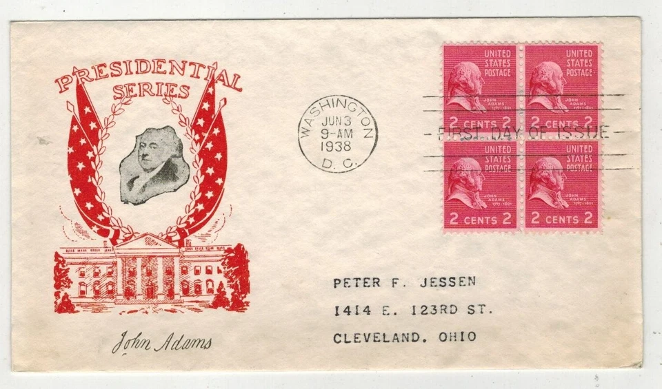 1938 PRESIDENTIAL SERIES CACHETCRAFT 806 JOHN ADAMS BLOCK OF 4 - Image 1 of 1