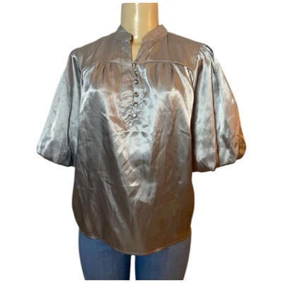 Kikit Womens Satin Silver Blouse Coquette Top Medium Puff Sleeve Crystal Buttons - Image 1 of 4