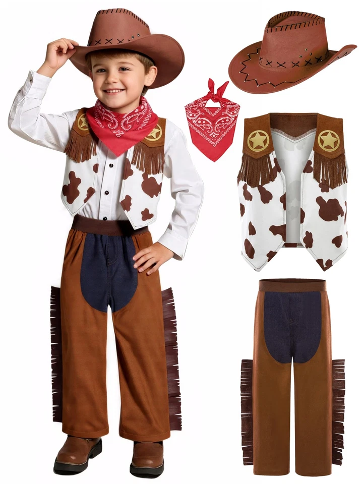 Disfraz de Vaquero para Niños Niños Niñas Conjunto Occidental Juegos con disfraces para Halloween Vestir 5-7... Foto 1 de 4