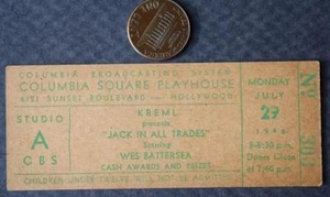 1946 CBS Radio Wes Battersea Jack of All Trades Show Studio Aufnahmeticket RAR-- - Bild 1 von 1