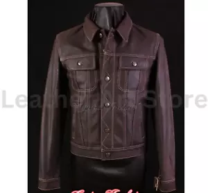 Men's TRUCKER Leather Jacket Western Classic Brown Denim Style Shirt Jacket - Picture 1 of 8