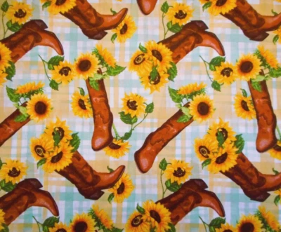 Western Fabric 1 Yard Sunflowers in Cowboy Boots on Green Gold Wht Plaid Cotton - Image 1 of 2