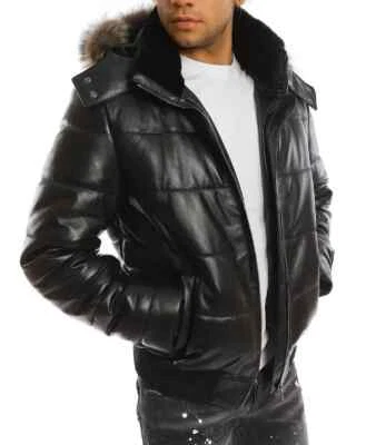 NEW Men's Dawn Puffer Jacket Fur Hoodie Jacket Warm Lambskin Leather Jacket - Image 1 of 4