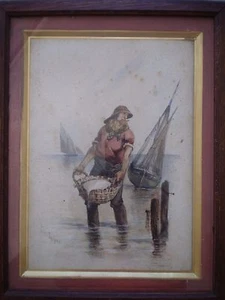 DESSIN ANCIEN PECHEUR OCEAN ATLANTIQUE MARINE BATEAU PORT JULES DESPRES AQUARELL - Picture 1 of 11