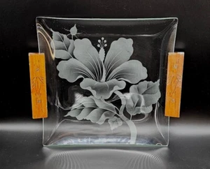 MCM Hawaiian Koa Wood Handles Etched Glass Tray Hibiscus 10" - Picture 1 of 11