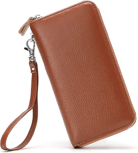Womens Wallet RFID Blocking Genuine Leather Zip around Wallet Clutch Wristlet Tr - Picture 1 of 12