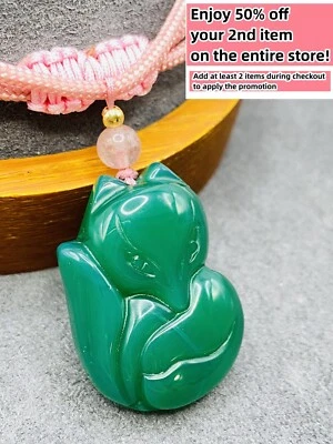 Jade Clever Fox Charm Pendant Necklace W/ Beads Cord Handmade Carved Gemstone - Image 1 of 4