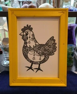 Reverse Canvas chicken 9 X 12 inch yellow frame - Picture 1 of 3