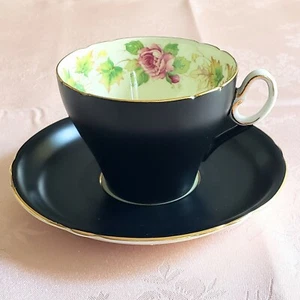 RARE Shelley Tea Cup & Saucer Royalty Black Old Cambridge Shape Pink Rose Floral - Picture 1 of 8