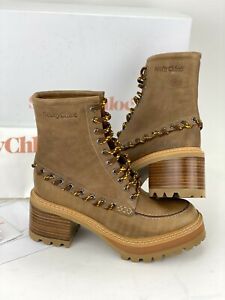 CHLOE Boots Mahalia Eyelet Calfskin Ankle Booties Brown Lace Up Boot GM002 New
