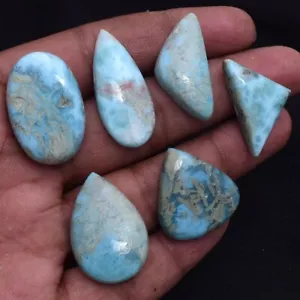 6 Pcs Natural Larimar Untreated 25mm-34mm Glossy Cabochon Loose Gemstones Lot - Picture 1 of 6