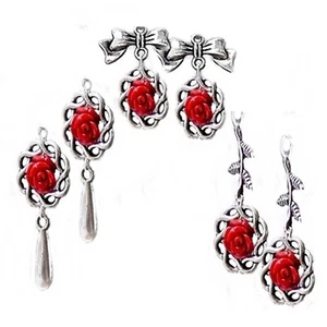 Earrings Red Rose drop, choose clip on or pierced - Picture 1 of 6