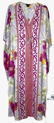 Maxi Vestido de Noche NATORI Estampado Floral Charmeuse Corbata Cintura Cuello en V Caftán L Foto 1 de 4