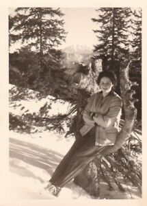 Vintage ORIGINAL Snapshot Photo Lady Leaning On Tree Snow Scenery Winter