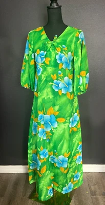 Винтажный гавайский женщин 12 макси платье 70-х синий зеленый тропический Тики пухлый рукав - Изображение 1 из 4