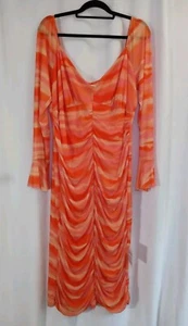 NWT Asos Design Curve Size 20 US Ruched Mesh Maxi Dress Long Sleeve Orange Mix - Picture 1 of 15