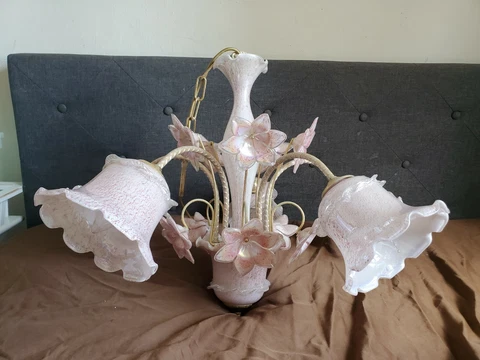 Vintage Murano Glass Brass Venini Chandelier 5 Lights pink Flowers 27"×20" Italy Cover