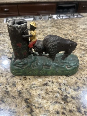 Vintage Butting Buffalo The Book of Knowledge Cast Iron Piggy Coin Bank - Image 1 of 3