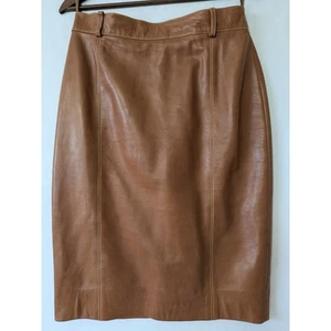 Vintage Escada Margaretha Ley Cognac Brown Leather Pencil Skirt Size 40 US 10 - Picture 1 of 13