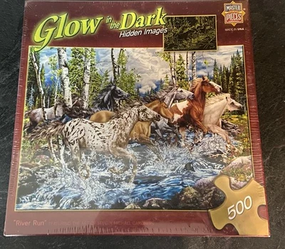 Rompecabezas de 500 piezas MasterPieces RIVER RUN brilla en la oscuridad imágenes ocultas caballos salvajes Foto 1 de 4