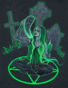 IMPRESIÓN Arte Fantasía Gótica Bruja Fantasma Sesión Neón Verde Cementerio Halloween Espeluznante - Imagen 1 de 5