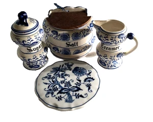 Blue Onion Arnart Porcelain Creamer /Lid, Sugar Bowl Salt Box, Trivet - Picture 1 of 20