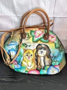 Anuschka Hand Painted Dome Satchel Dog And Cat Friends Forever Crossbody Handbag - Picture 1 of 18