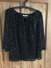 Billie&Blossom size 14 top, lined,3/4 sleeve, chiffon look, Black with  Sequins