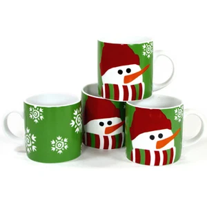 Crate & Barrel SNOWMAN 7oz Demitasse Mini Mug Set Green 664-650 White Snowflake - Picture 1 of 12