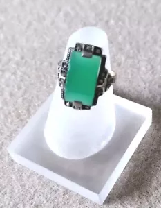 alter Art Deco Ring Silber Gold 585 Grünachat - Bild 1 von 5