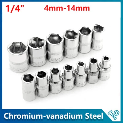 1/4" Driver Hex Socket Set 4-14mm 6 Points Long Reach Sockets For Ratchet Wrench - Image 1 of 4