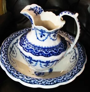 Antique W H Grindley Flow Blue Festoon Pattern Pitcher and Bowl Set - Picture 1 of 16
