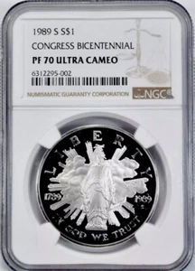 1989 CONGRESS Silver $1 NGC PF70💥FLAWLESS QUALITY💥 ULTRA CAMEO - Picture 1 of 5