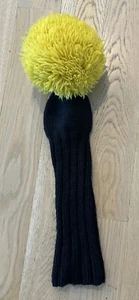 Jan Craig Hand Knit Golf Club Driver Head Cover Black and Yellow 8” PomPom EUC - Picture 1 of 3