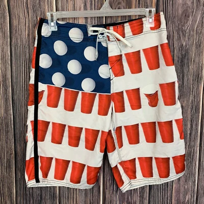 O'NEILL Mens Board Shorts Red Solo Cup Beer Pong American Flag Surf Trunks Sz 32 - Image 1 of 4