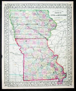 1870 Samuel Augustus Mitchell Antique State Map of Iowa and Missouri - Picture 1 of 2