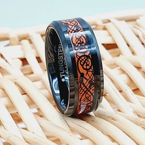 Orange Resin Inlay Celtic Dragon Black Wedding Ring, Tungsten Men's Celtic Rings - Picture 1 of 9