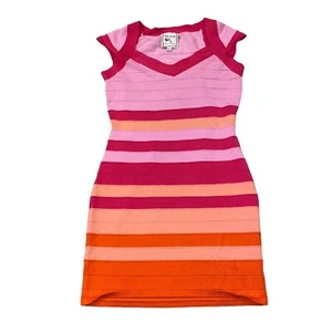 Pink Rose Striped Bodycon Midi Dress Women Size Medium Pink Orange Red - Picture 1 of 9