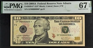 2004A $10 Federal Reserve Note PMG 67EPQ Atlanta low serial star 906 Fr 2039-F* - Picture 1 of 3