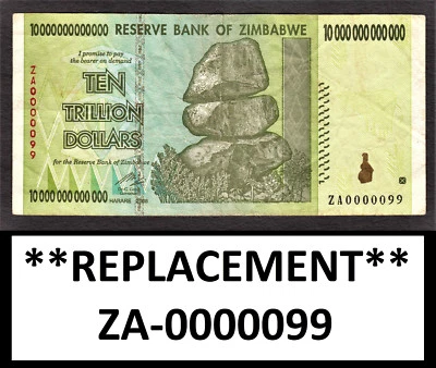 Zimbabwe 10 Trillion 2008 REPLACEMENT LOW Serial ZA 0000099 Pick-88 Very Fine - Image 1 of 2