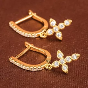 2ct Round Cut Lab Created Diamond Cross Dangle Earrings 14k Yellow Gold Plated - Picture 1 of 3