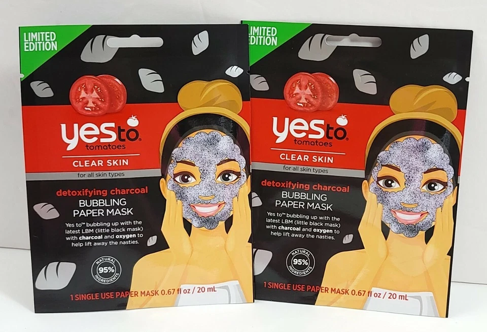 2x Yes To Tomatoes Clear Skin Bubbling Paper Face Mask Detoxifying Charcoal  - Image 1 of 4