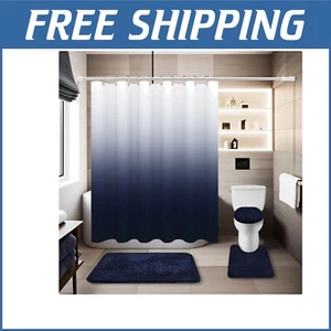 4-Piece Luxurious Navy Blue Bathroom Set with Waterproof Curtain & Non-Slip Rugs - Picture 1 of 9