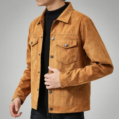 Men Faux Suede Jacket New Casual Retro Motorcycle Jacket Korean Slim Lapel Coat - Image 1 of 4