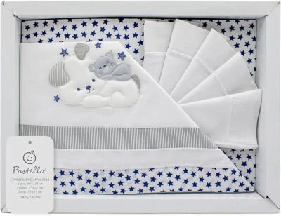 PASTELLO - COMPLETO LENZUOLA CARROZZINA NEONATO RICAMATO COTONE CAGNOLINO BLU - Immagine 1 di 4