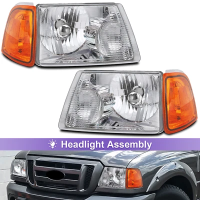 Headlights For 2001-2011 Ford Ranger XL XLT Chrome Housing Amber Corner Headlamp Foto 1 de 4