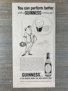 Guinness Stout Bottle Beer Baseball Player Perform Better 1960 Vintage Print Ad - Picture 1 of 1