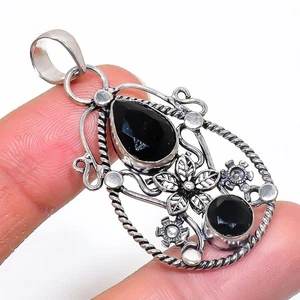 Black Spinel Gemstone Handmade 925 Sterling Silver Jewelry Pendant Size 2" - Picture 1 of 1