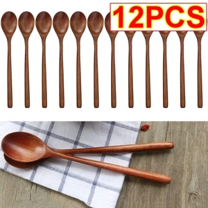 12PC Wood Spoons Soup Eco Friendly Japanese Tableware Natural Ellipse Wooden @ - Picture 1 of 10