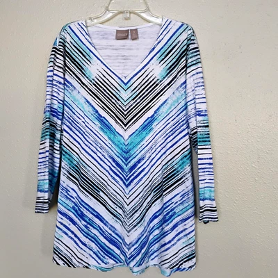 Chico's T 恤白色/靛蓝紫色/Aqua 3/4 袖棉质上衣 ~ 尺寸 3 ( 16-18) — 第 1/4 张图片